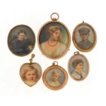 Set of six family portrait miniatures, three housed in 9ct gold pendant mounts, including one of a