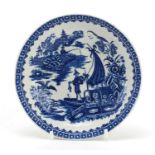 18th century English porcelain saucer decorated in the chinoiserie manner with fisherman pattern,