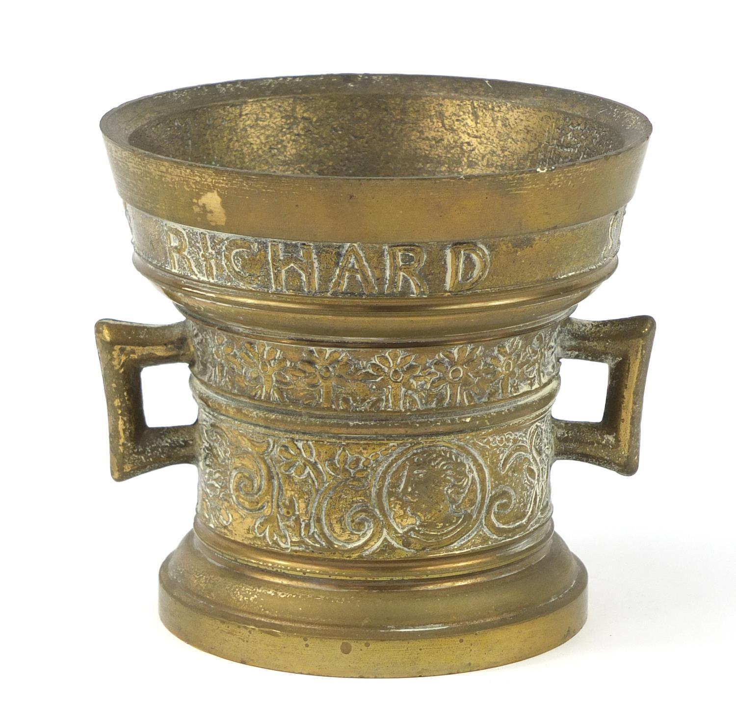 17th century style brass pestle and mortar, decorated with figures and flowers, the mortar 12cm high - Image 2 of 9