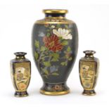 Three Japanese Satsuma pottery vases including a pair with square bodies hand painted with figures