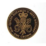9ct gold proof Queen Elizabeth II 90th birthday crown, 1.6cm in diameter, approximate weight 1.0g :