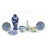 Chinese ceramics including a blue and white porcelain baluster vase decorated with prunus flowers