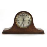 Oak cased Napoleon hat shaped Westminster chiming mantel clock with silvered dial, 43.5cm wide :