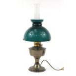 Victorian style oil lamp with green glass shade, converted to electric use, 58cm high :For Further