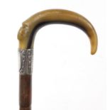 Bamboo walking stick with horn handle and silver collar, 93cm in length :For Further Condition