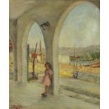 Girl in a Mediterranean harbour, oil on board, bearing an indistinct signature, mounted and