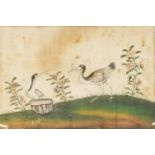 Chinese pith painting of two cranes in a landscape, mounted and framed, 26cm x 18.5cm :For Further