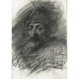 After Augustus John - Man wearing an antique helmet, pencil and chalk on paper, framed and glazed,