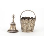 Victorian unmarked silver basket and a miniature silver bell, the largest 4cm high, 12.0g :For