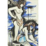 Two females bathing, watercolour and gouache, mounted, framed and glazed, 36cm x 24cm :For Further