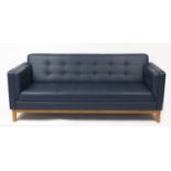 Contemporary Frovi Jig three seater settee with blue leather buttonback upholstery and oak base,