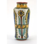 Della Robbia style pottery vase hand painted with flowers, indistinct incised marks to the base,
