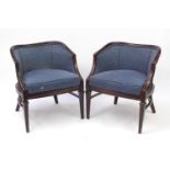 Pair of French style mahogany framed tub chairs with blue upholstery, each 73cm high :For Further