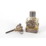Miniature silver and glass marcasite scent bottle with funnel, the bottle 3.5cm high :For Further