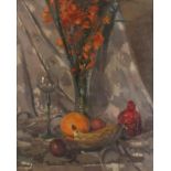 Manner Philip Naviasky - Still life fruit and vessels, oil on board, framed, 54cm x 43.5cm :For