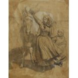 Friedrich Wilhelm Keyl - Mother and child with a horse, pencil and chalk on paper, inscribed