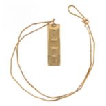 9ct gold ingot pendant, 5cm in length on a 9ct gold necklace, 48cm in length, 18.6g :For Further