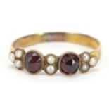 Victorian unmarked gold garnet and seed pearl ring, size O, 1.6g :For Further Condition Reports