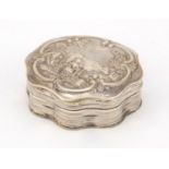 Edward VII patch box by Berthold Muller, embossed with farming scenes, London 1901, 6cm in diameter,
