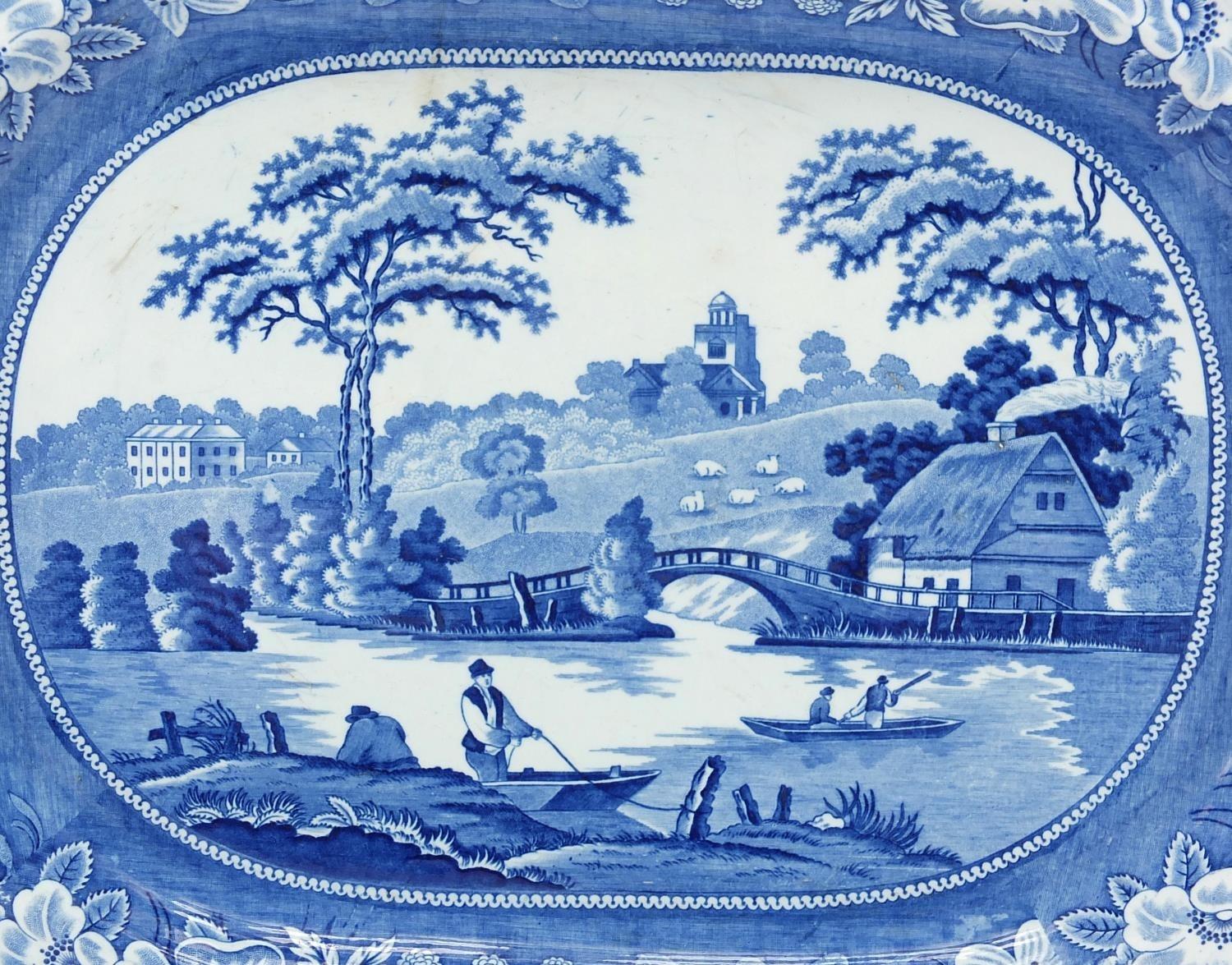 Victorian blue and white meat platter, printed with figures in a river, 42.5cm wide :For Further - Image 2 of 4