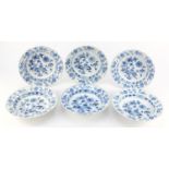 Six Meissen porcelain soup plates, each hand painted in the Blue Onion pattern, crossed sword