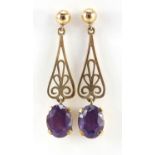 Pair of 9ct gold amethyst drop earrings, 3.5cm in length, 3.2g :For Further Condition Reports Please