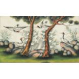 Good Chinese pith painting of cranes and a mythical bird amongst trees in a landscape, mounted,