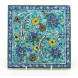 Turkish Iznik pottery tile hand painted with flowers, 20.5cm x 20.5cm :For Further Condition Reports
