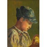 Young boy holding a chick, 19th century oil on canvas, mounted and framed, 24cm x 16.5cm :For