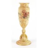Royal Worcester blush ivory pedestal vase with dolphin support, decorated with flowers, numbered