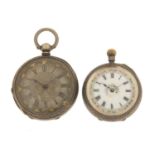 Two ladies silver pocket watches, one with ornate enamel dial, 40mm and 35mm in diameter :For