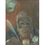 Manner of Jack Butler Yeats - Figure writing, oil, mounted, framed and glazed, 25cm x 18.5cm :For