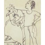 After Jean Cocteau - Caricature of a couple with dog, ink on paper, mounted, framed and glazed, 25cm