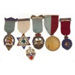 Six masonic silver jewels and a brooch, five with enamel including a Gwent Chapter NO3762 founder