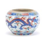 Chinese porcelain wucai pot, hand painted with dragons amongst clouds chasing flaming pearl, six