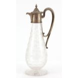 Victorian glass claret jug with silver plated mounts possibly by Webb, the body acid etched with a