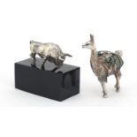 Two miniature silver model animals of a llama and bull, the largest 6cm high, 98.5g :For Further