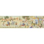 Rectangular Persian ivory plaque hand painted with a village scene and figures on horseback,