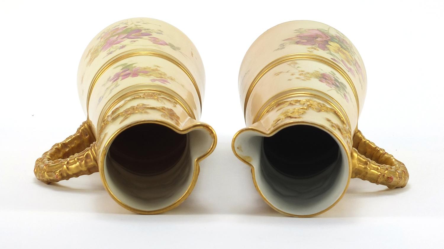 Pair of Royal Worcester blush ivory jugs with tapering bodies, each hand painted and gilded with - Image 5 of 8