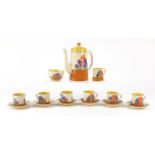 Art Deco Clarice Cliff bizarre pottery six place coffee service, hand painted in the Crocus pattern,