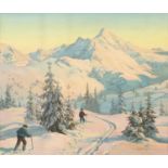 Manner of Constantin Westchiloff - Snow scene with men walking up the hill, oil on board, framed,