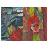 After Ken Kiff - Abstract compositions, near pair of oil on boards, each titled verso, framed, the