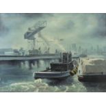 After Edward Henry Eugene Fletcher - Marine scene with battleship, oil on board, framed, 59.5cm x