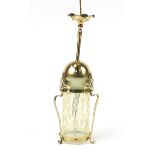 Arts & Crafts brass light pendant with Powell Vaseline glass shade, 41cm high :For Further Condition