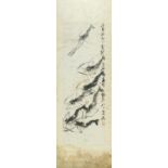 Chinese wall hanging scroll, hand painted with shrimps and calligraphy, framed and glazed, 137cm x