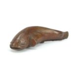 Japanese patinated bronze catfish, impressed character marks to the base, 6cm in length :For Further