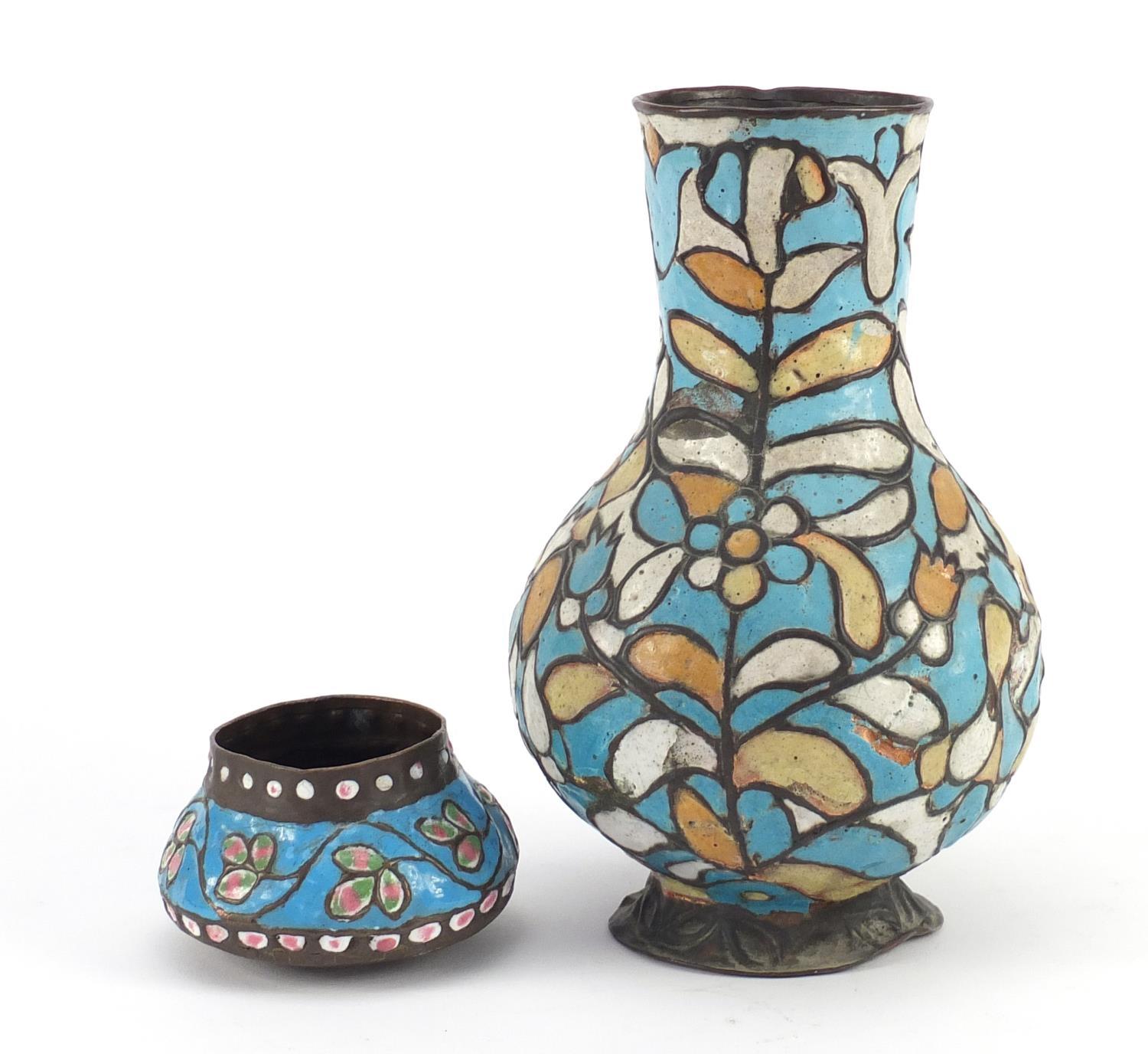 Syrian copper and enamel vase decorated with flowers and a similar small pot, the largest 24cm - Image 2 of 6