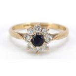 9ct gold sapphire and cubic zirconia flower head ring, size J, 1.4g :For Further Condition Reports