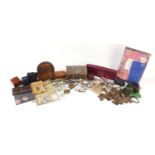 Sundry items including silver plated cutlery, die cast vehicles, carved wooden jewellery box and