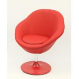 Contemporary swivel lounge chair with red faux leather upholstery, 90cm high :For Further